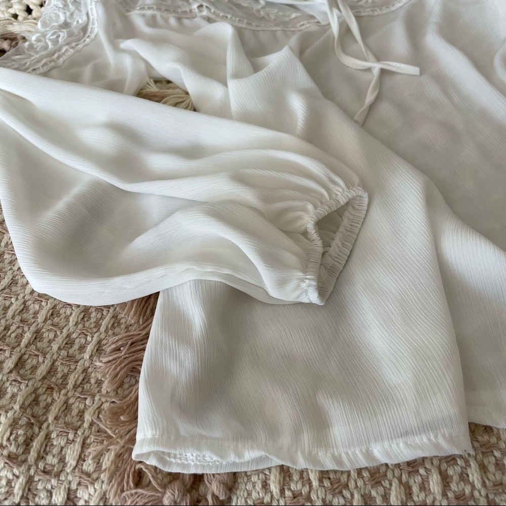 Sheer Bell Sleeve V-neck Tie Blouse - Picture 2 of 7